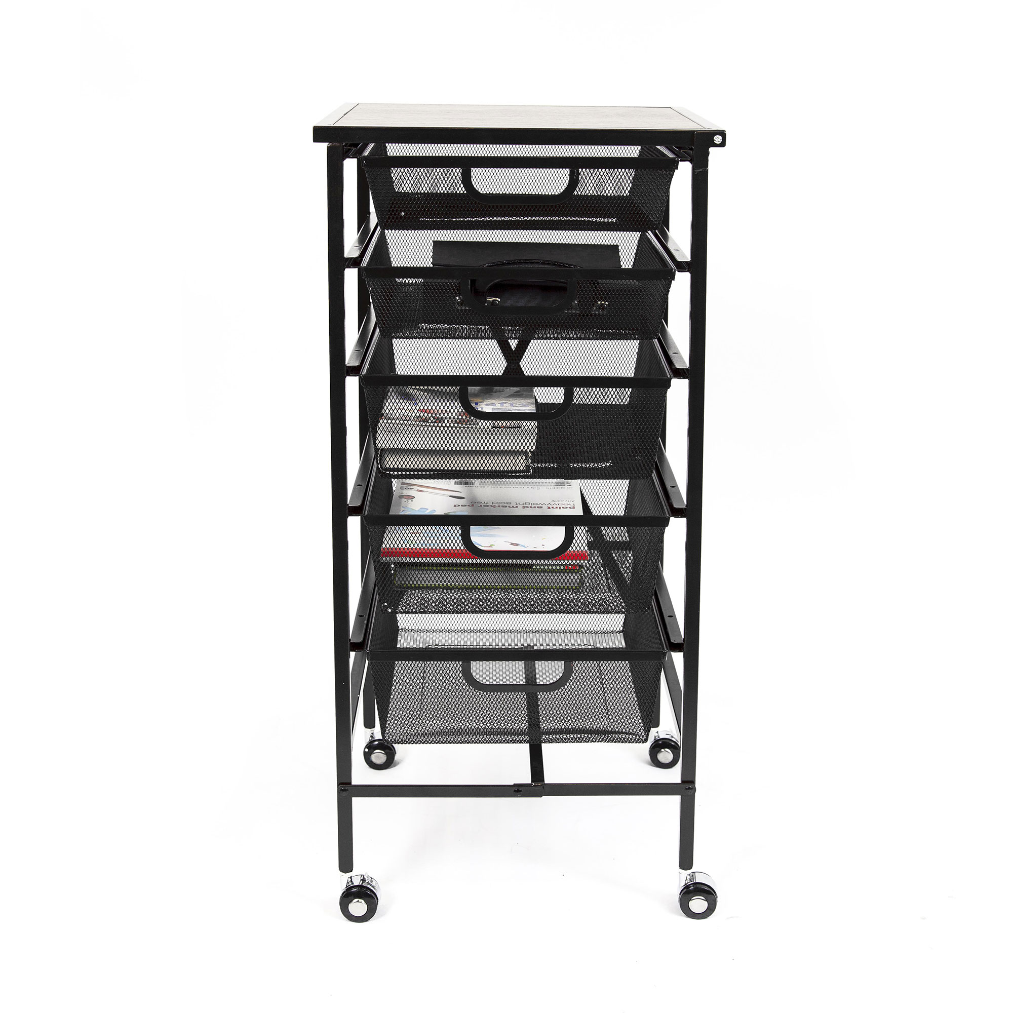 Origami Wheeled Foldable 5 Steel Drawer Storage Caddy Cart w Wooden Top